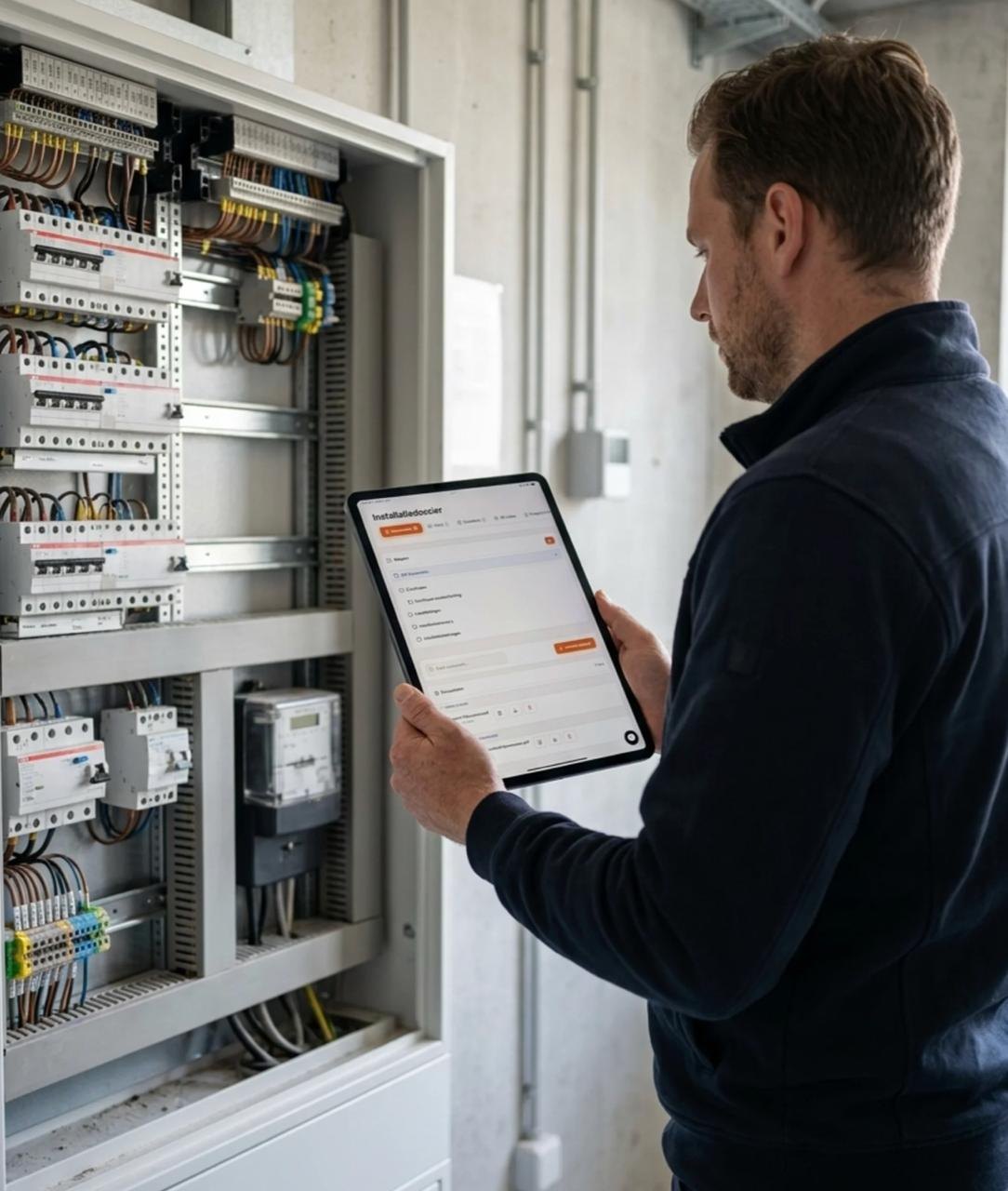 Installateur bekijkt het digitale dossier op een tablet bij de meterkast