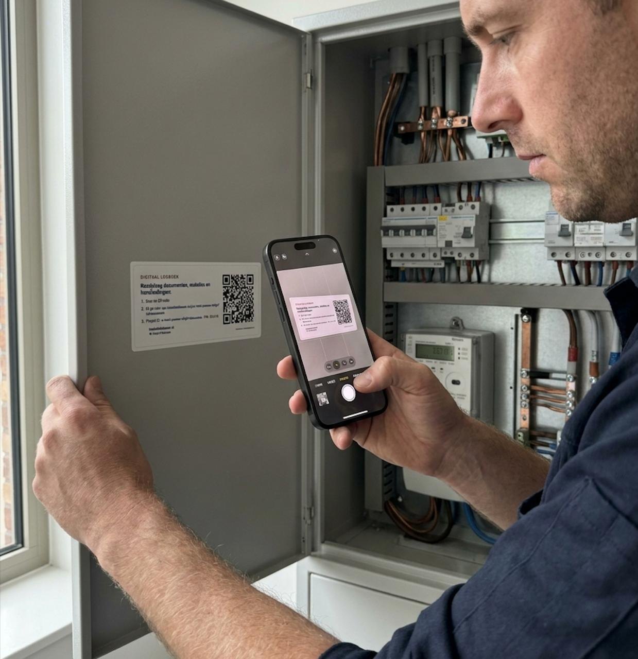 Monteur scant de QR-code op de meterkast met zijn telefoon